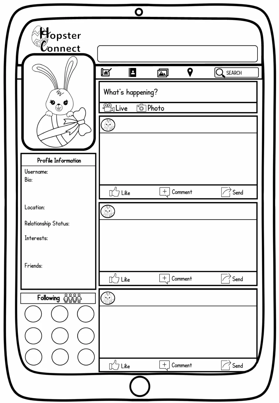 Blank bunny profile worksheet featuring a bunny behind wrapped candy, profile prompts, and three post spaces
