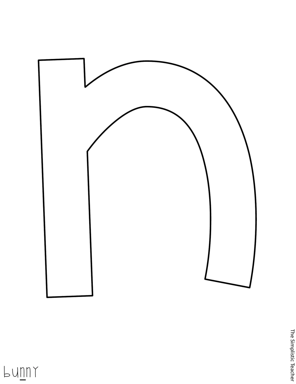 Letter template: large outlined lowercase n to cut out, the third letter of 'bunny', marked by the first n underlined