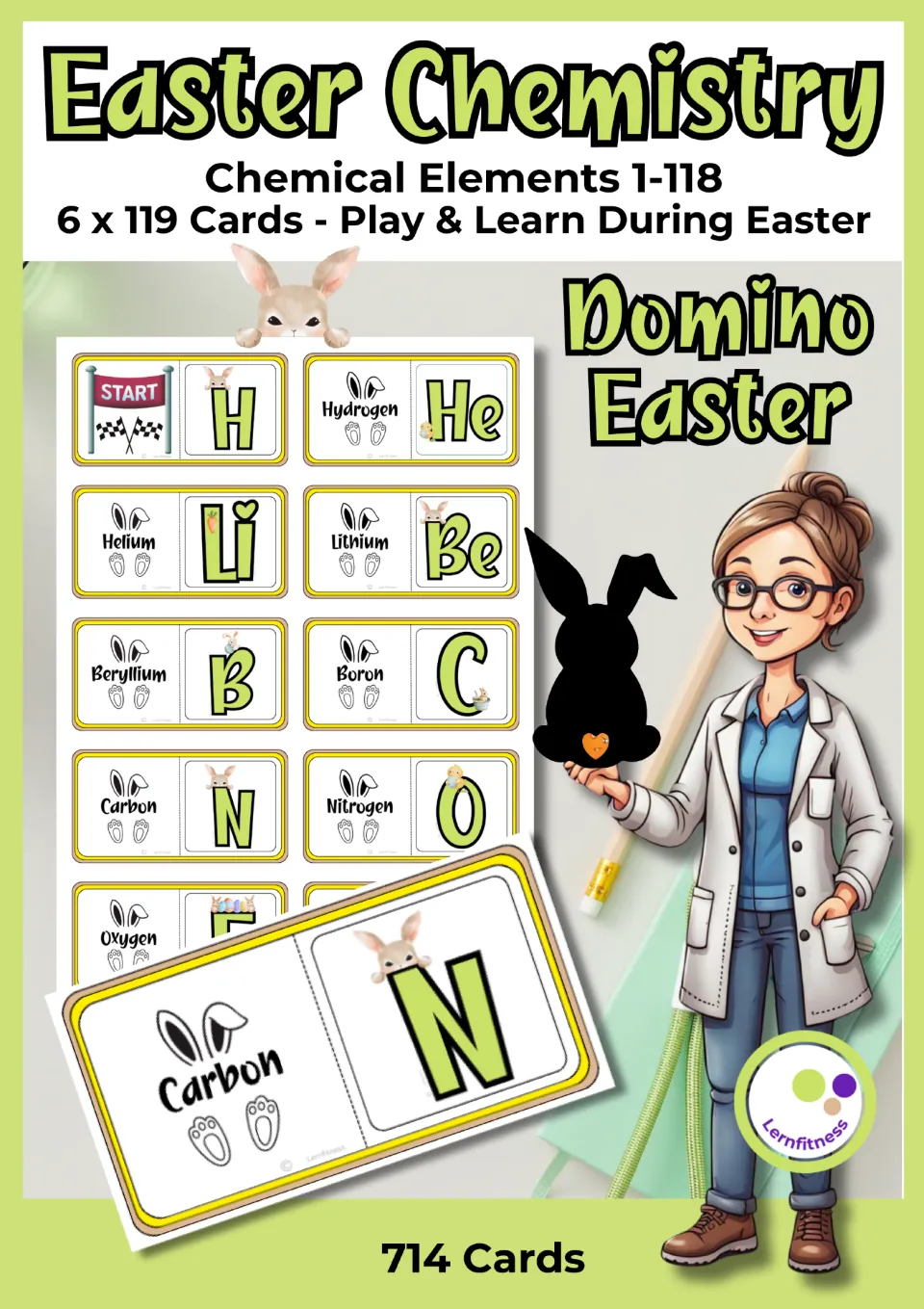 Chemistry domino game cover listing elements 1–118, six sets of 119 cards, and 714 Easter-themed cards