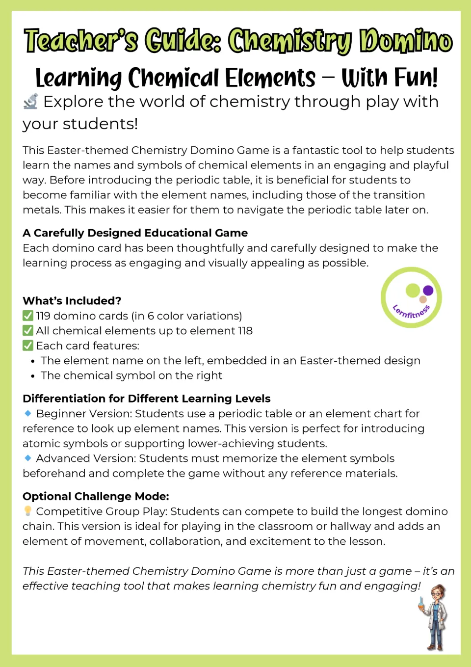 Teacher guide introducing 119 domino cards in six colors, reference-supported play, and a memory version