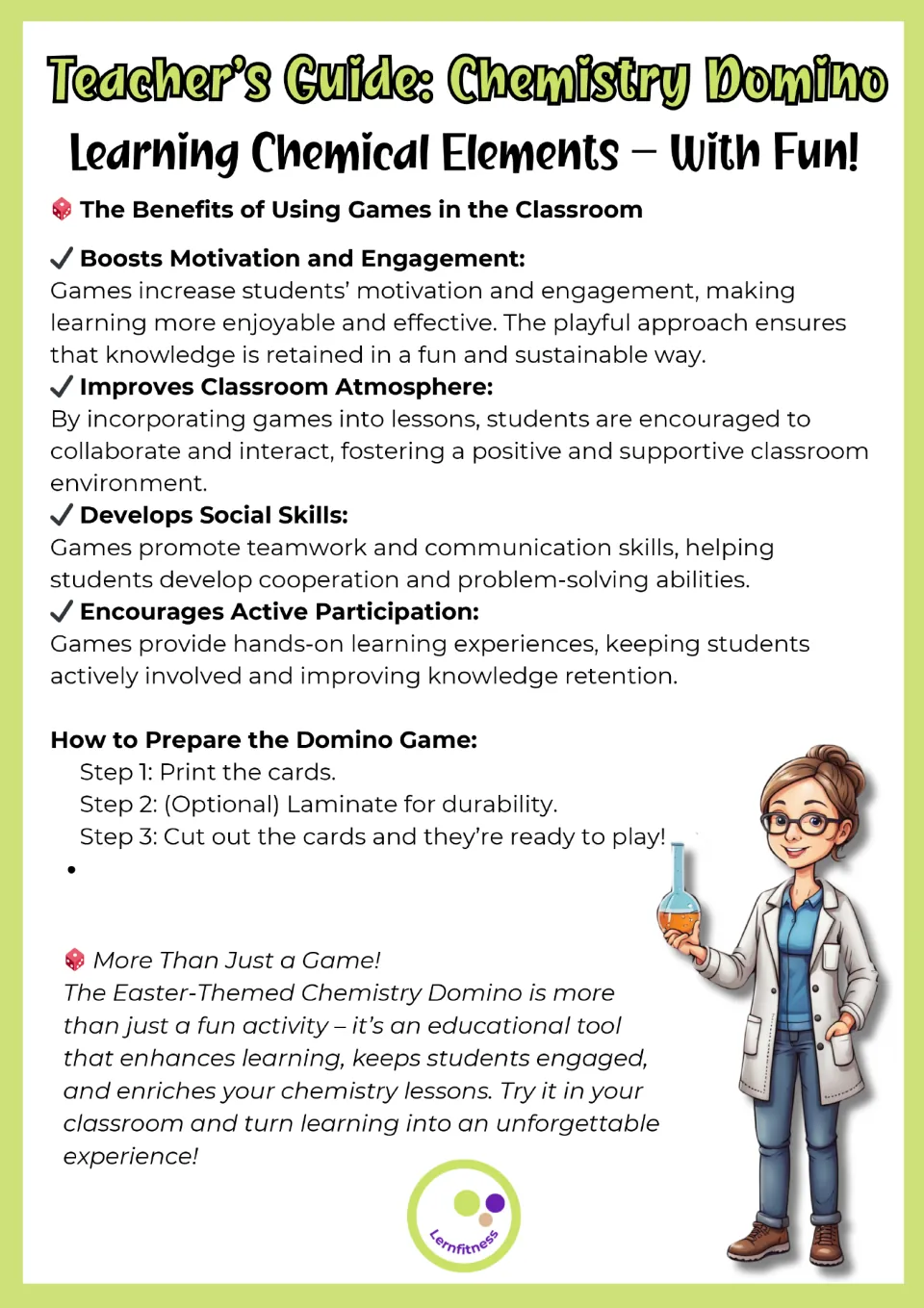 Teacher guide outlining classroom game benefits and preparation: print, optionally laminate, and cut cards