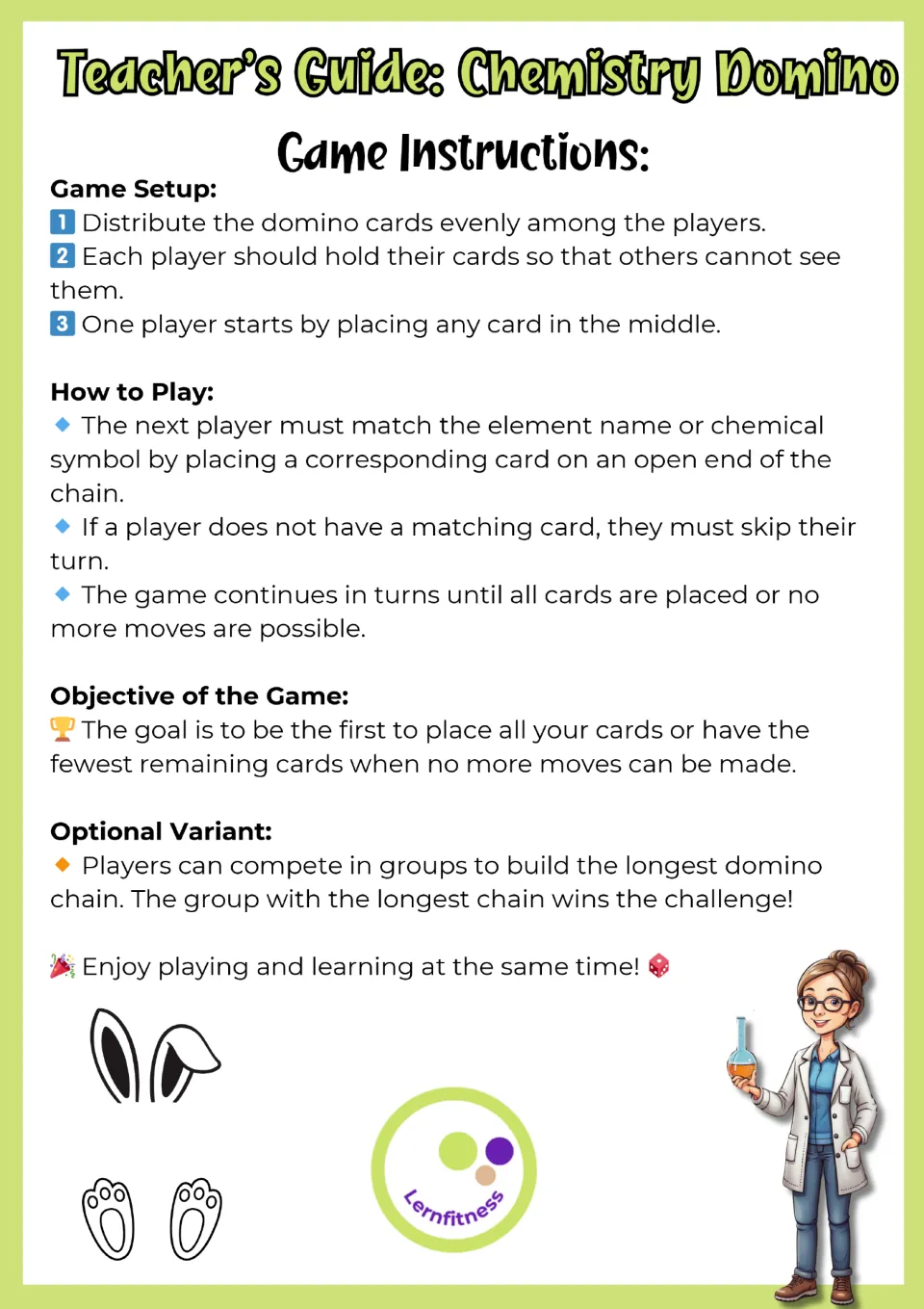 Domino game instructions for dealing cards, matching element names and symbols, skipping turns, and winning