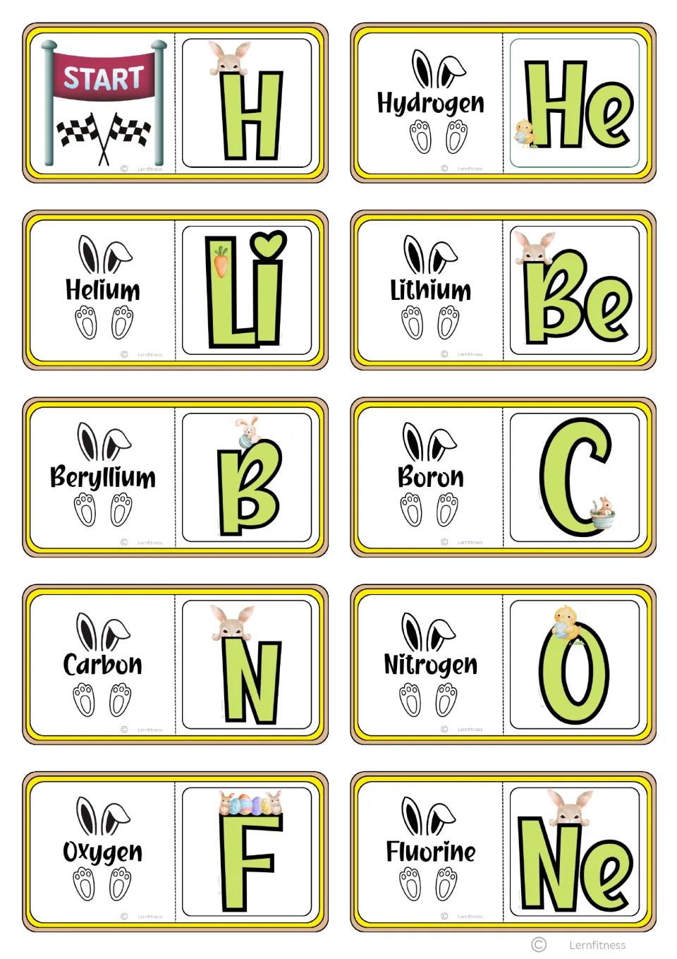 Chemistry domino cards 1–10, from START paired with H to Fluorine paired with Ne, for name-symbol matching