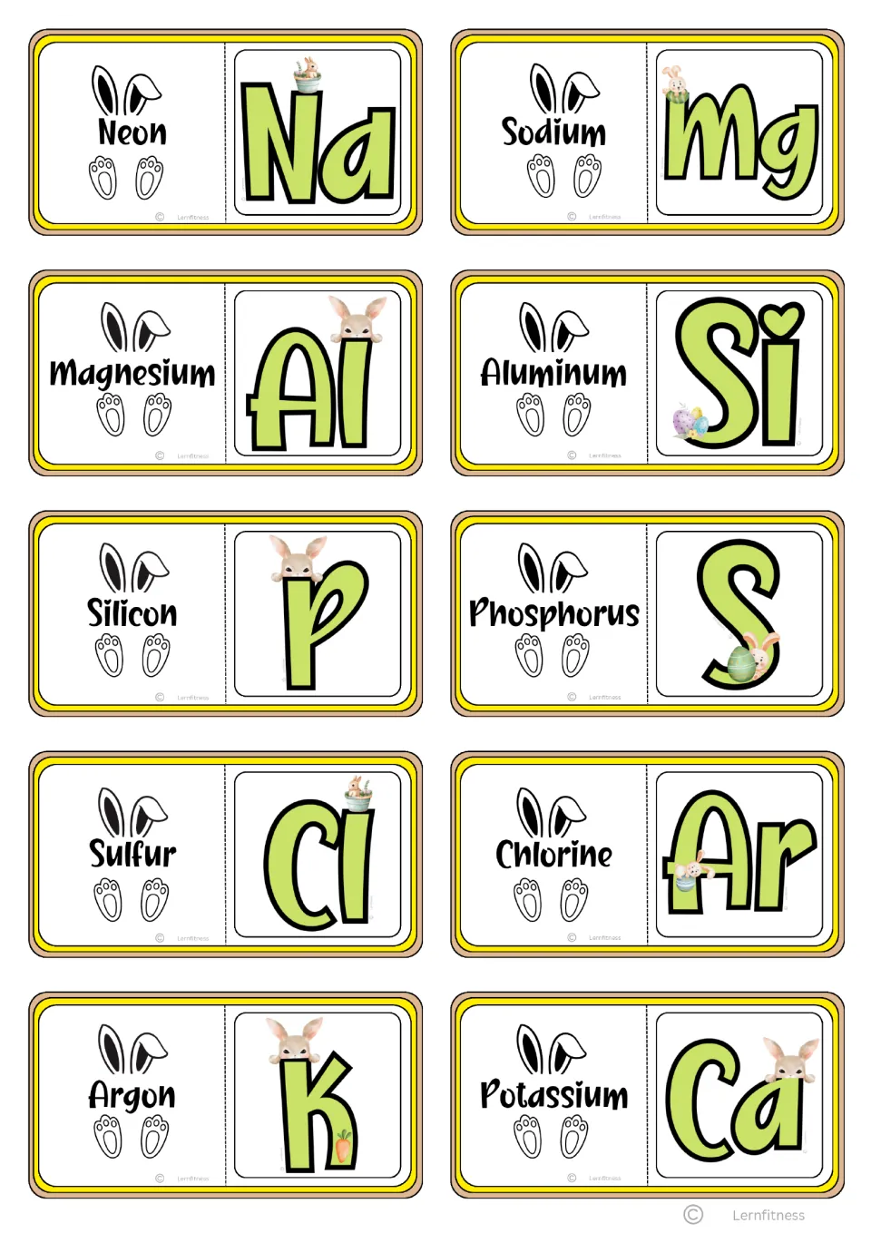 Chemistry domino cards 11–20, from Neon paired with Na to Potassium paired with Ca, for name-symbol matching