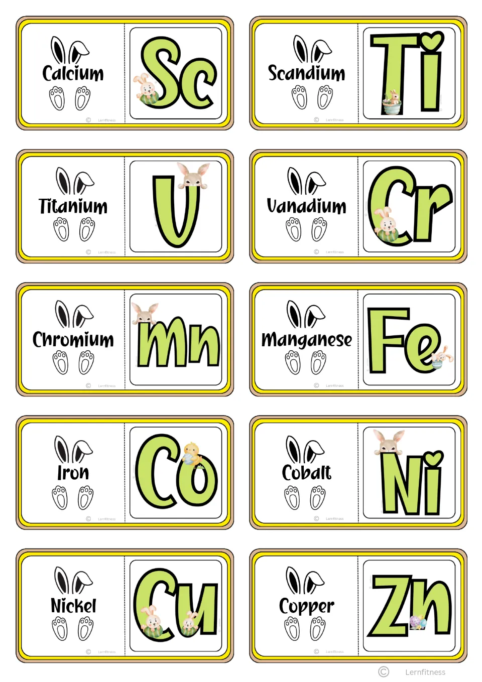 Chemistry domino cards 21–30, from Calcium paired with Sc to Copper paired with Zn, for name-symbol matching