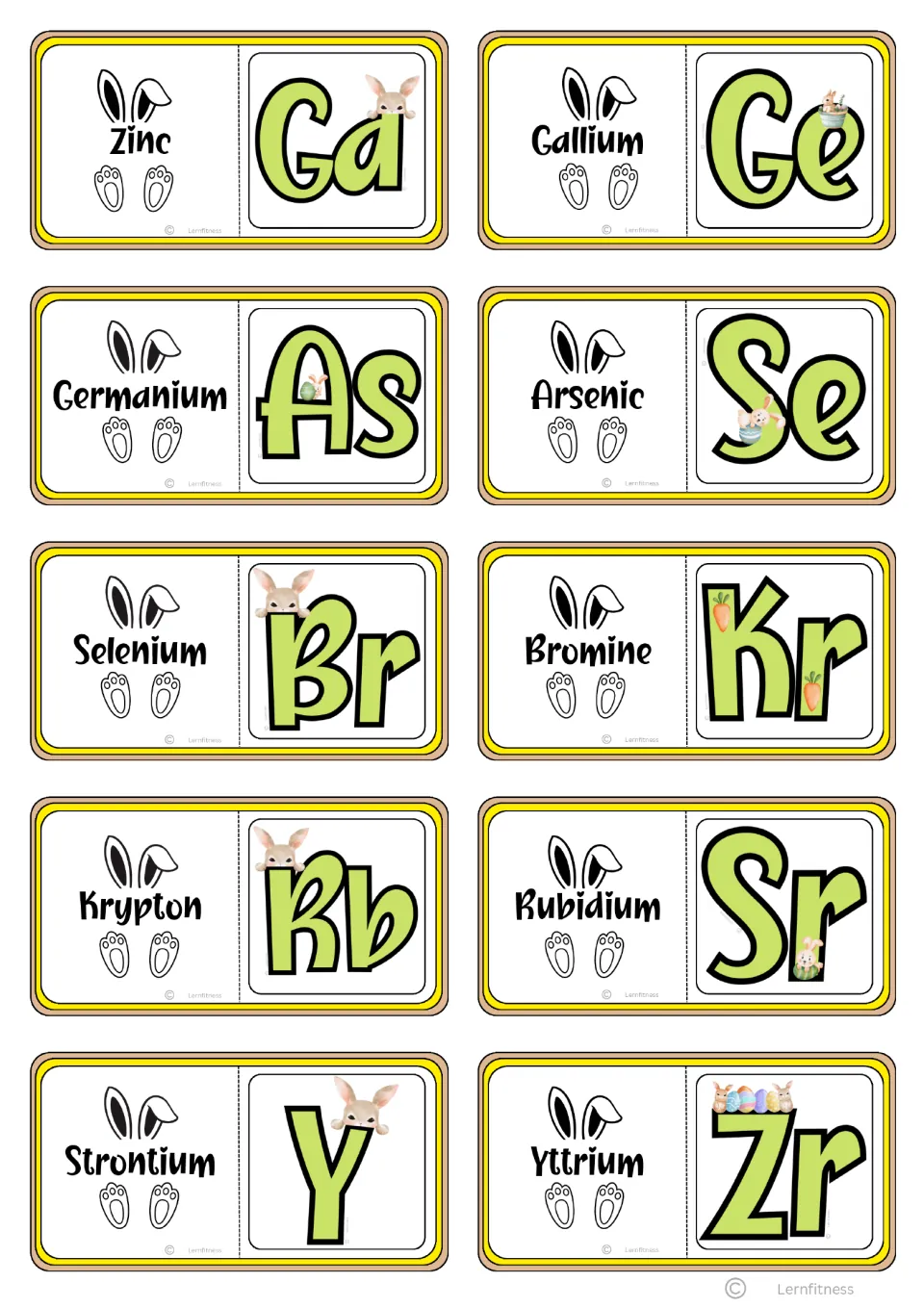 Chemistry domino cards 31–40, from Zinc paired with Ga to Yttrium paired with Zr, for name-symbol matching