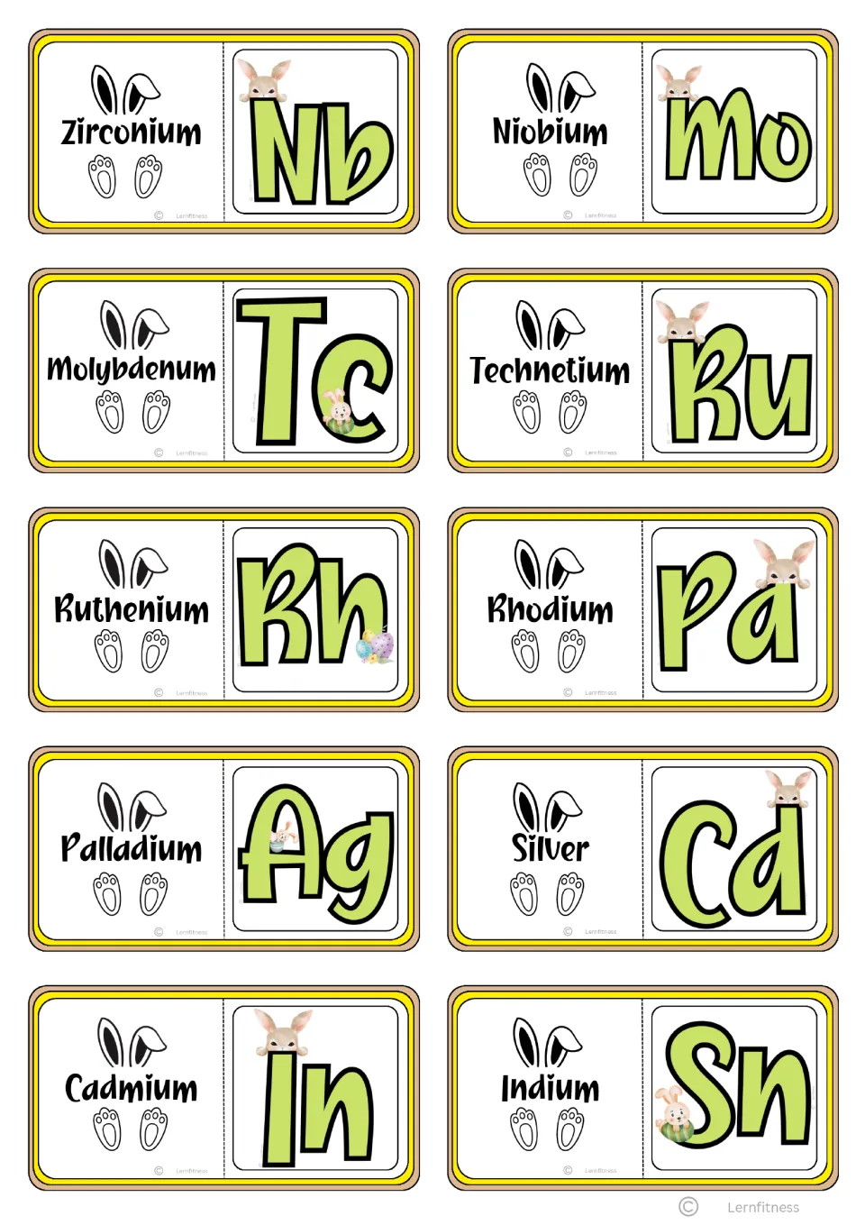 Chemistry domino cards 41–50, from Zirconium paired with Nb to Indium paired with Sn, for name-symbol matching