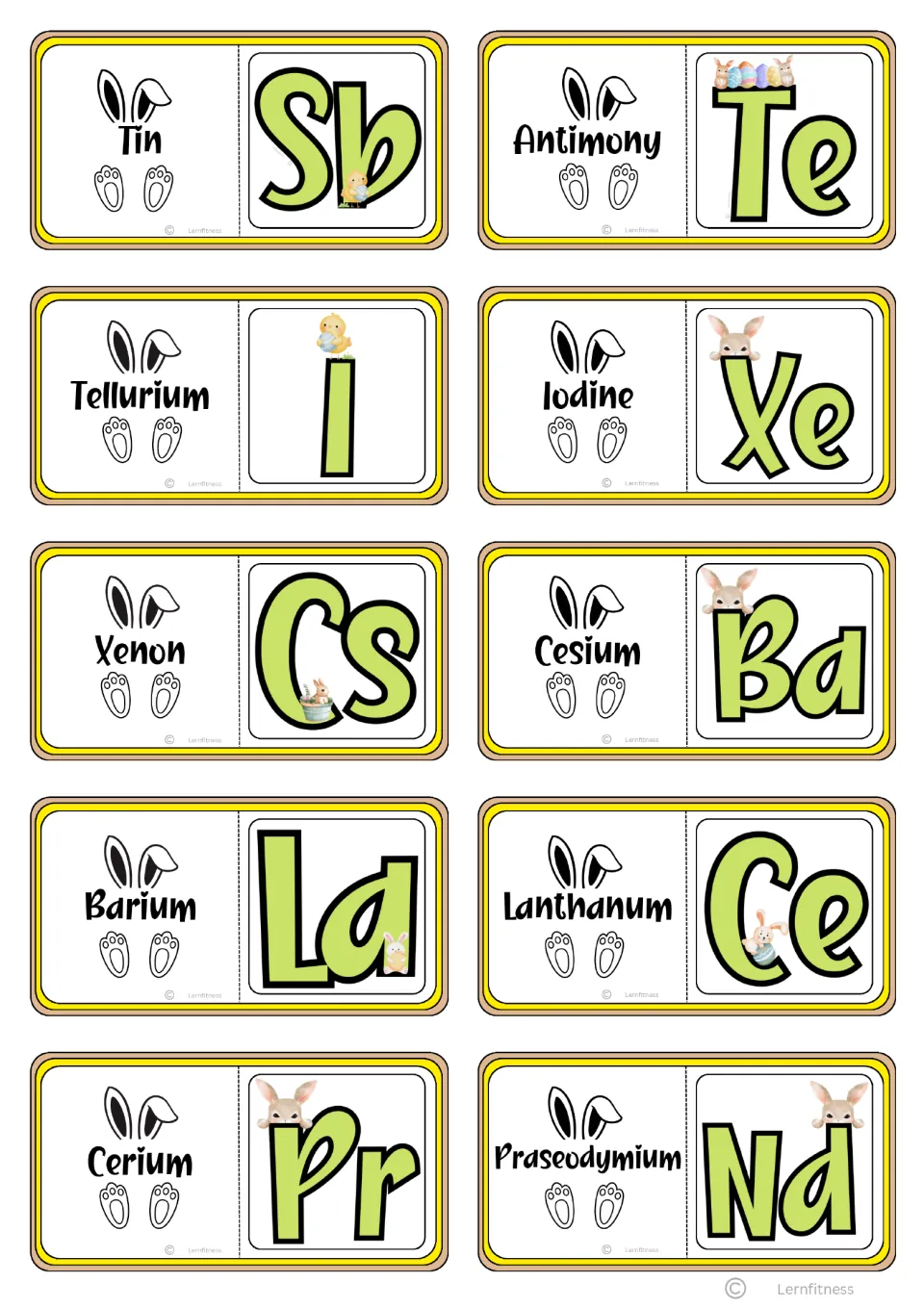 Chemistry domino cards 51–60, from Tin paired with Sb to Praseodymium paired with Nd, for name-symbol matching