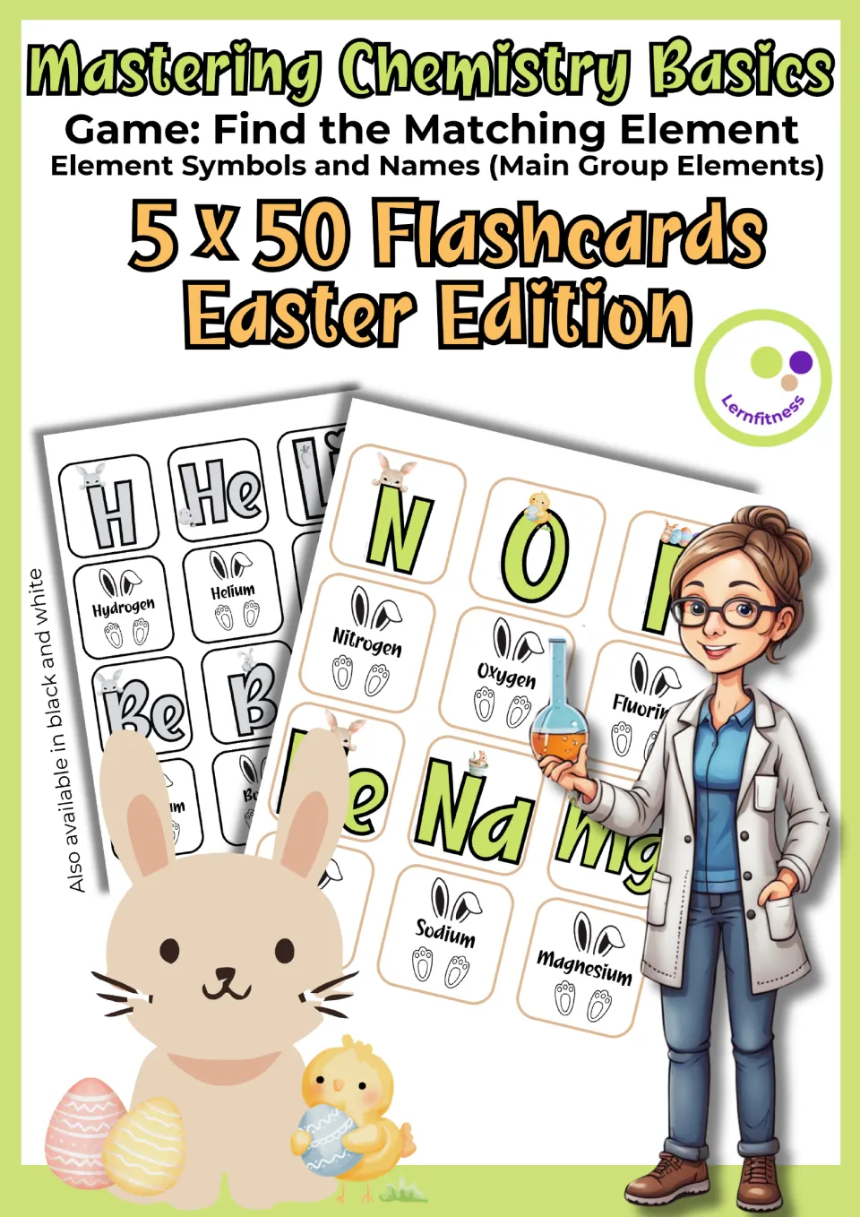 Cover for Easter chemistry flashcards featuring main group element names and symbols for a matching game