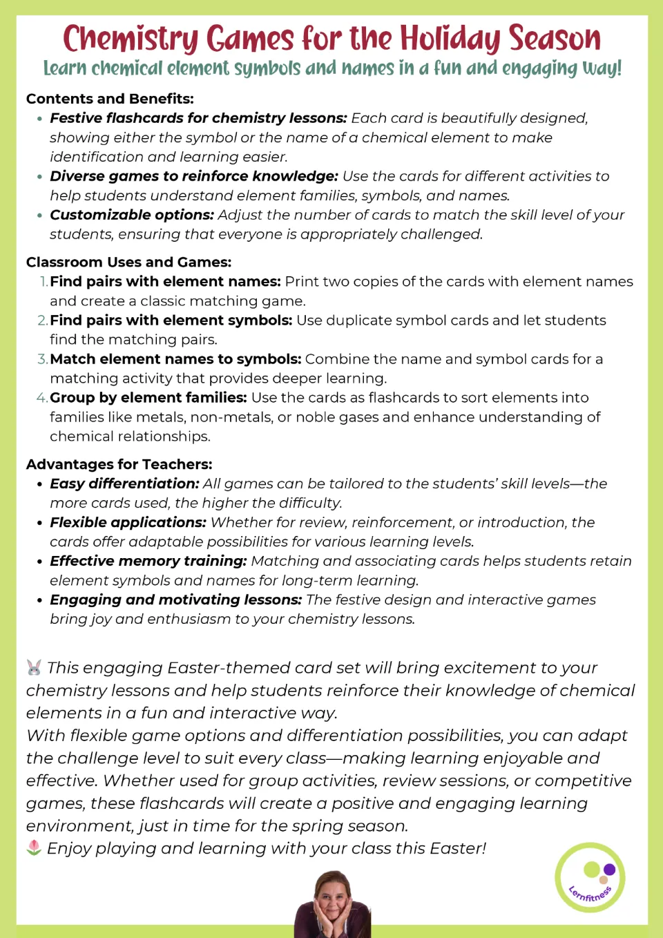 Activity guide for chemistry flashcards: match names, match symbols, pair names with symbols, and sort elements