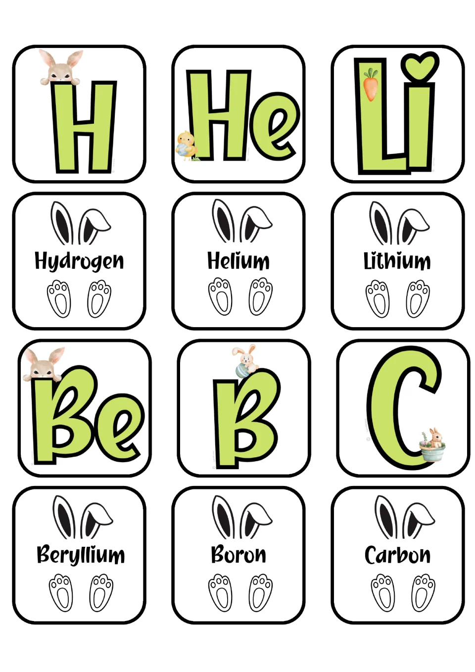 Element matching cards for hydrogen, helium, lithium, beryllium, boron, and carbon, with separate symbol cards