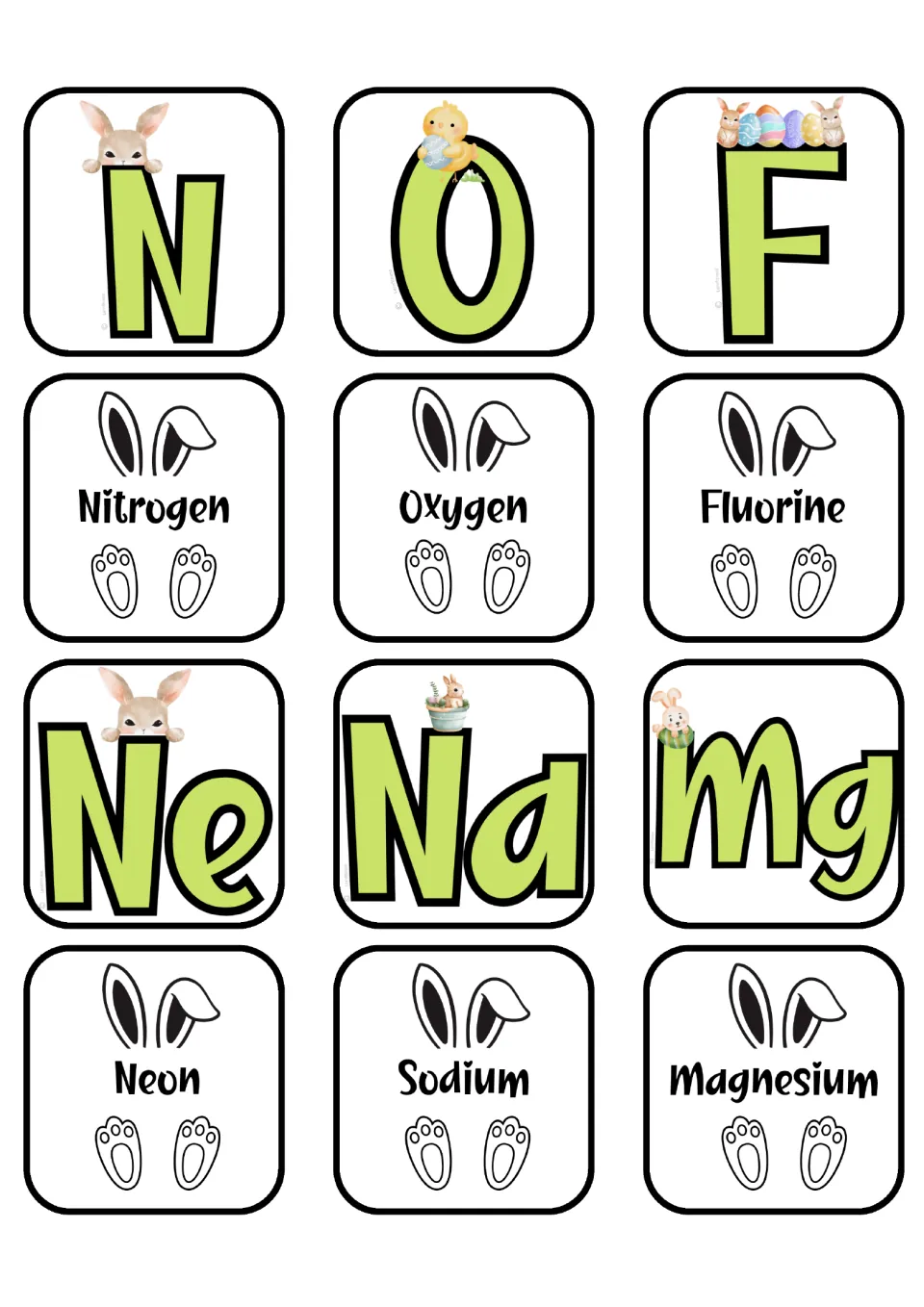 Element matching cards for nitrogen, oxygen, fluorine, neon, sodium, and magnesium, with separate symbol cards