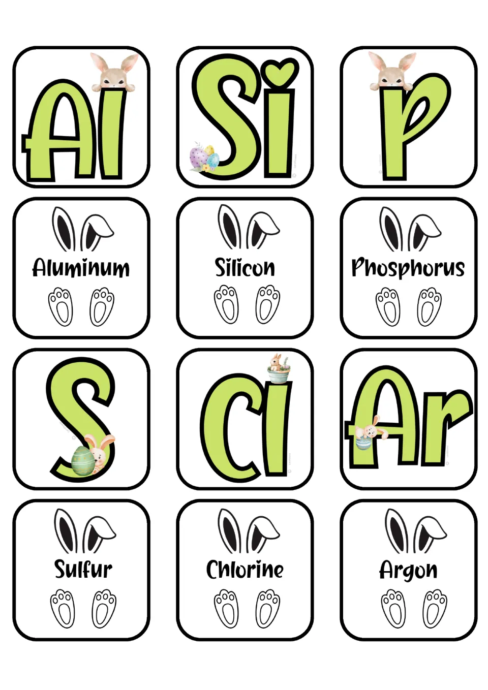 Element matching cards for aluminum, silicon, phosphorus, sulfur, chlorine, and argon, plus their symbols