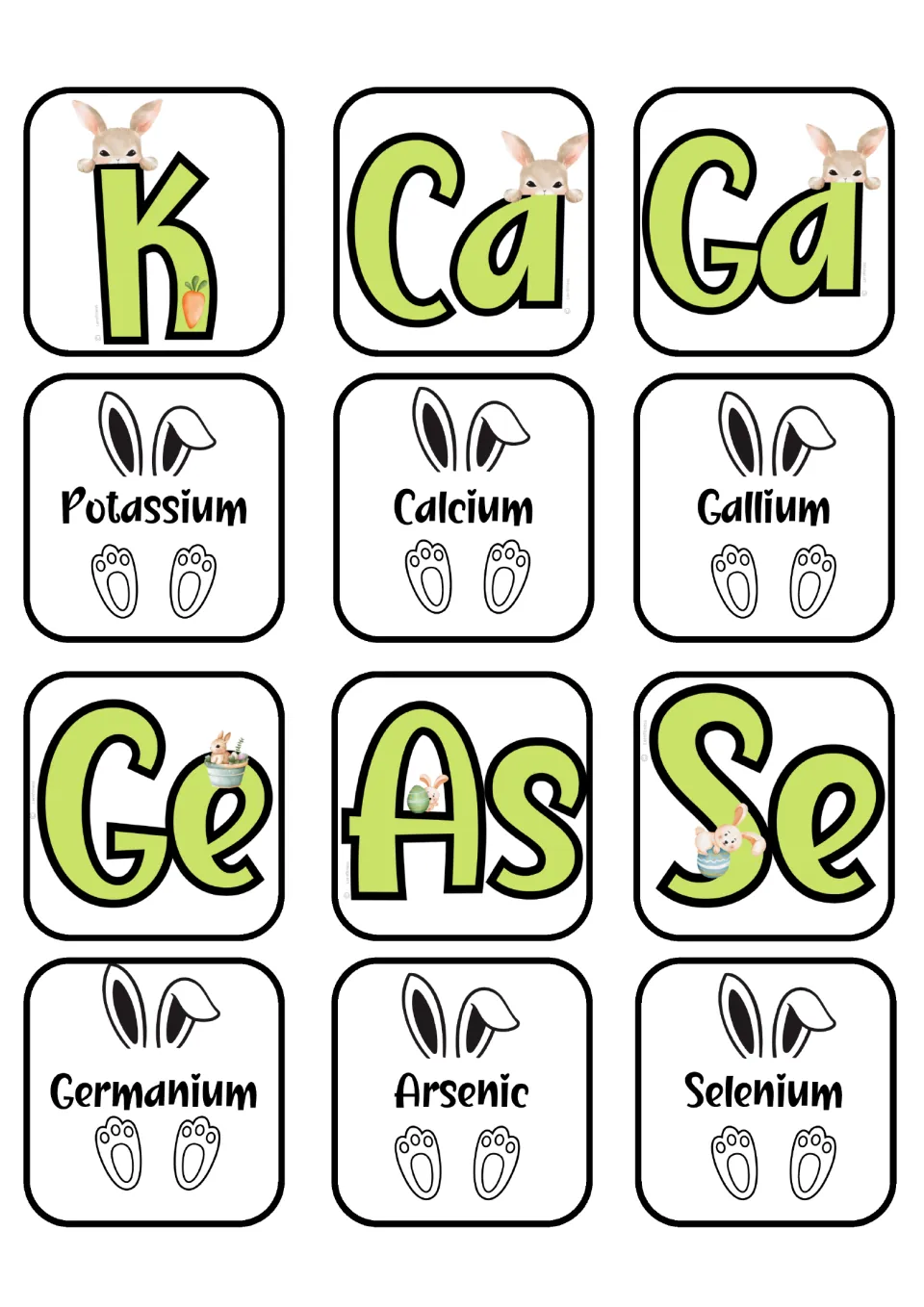 Element matching cards for potassium, calcium, gallium, germanium, arsenic, and selenium, plus their symbols