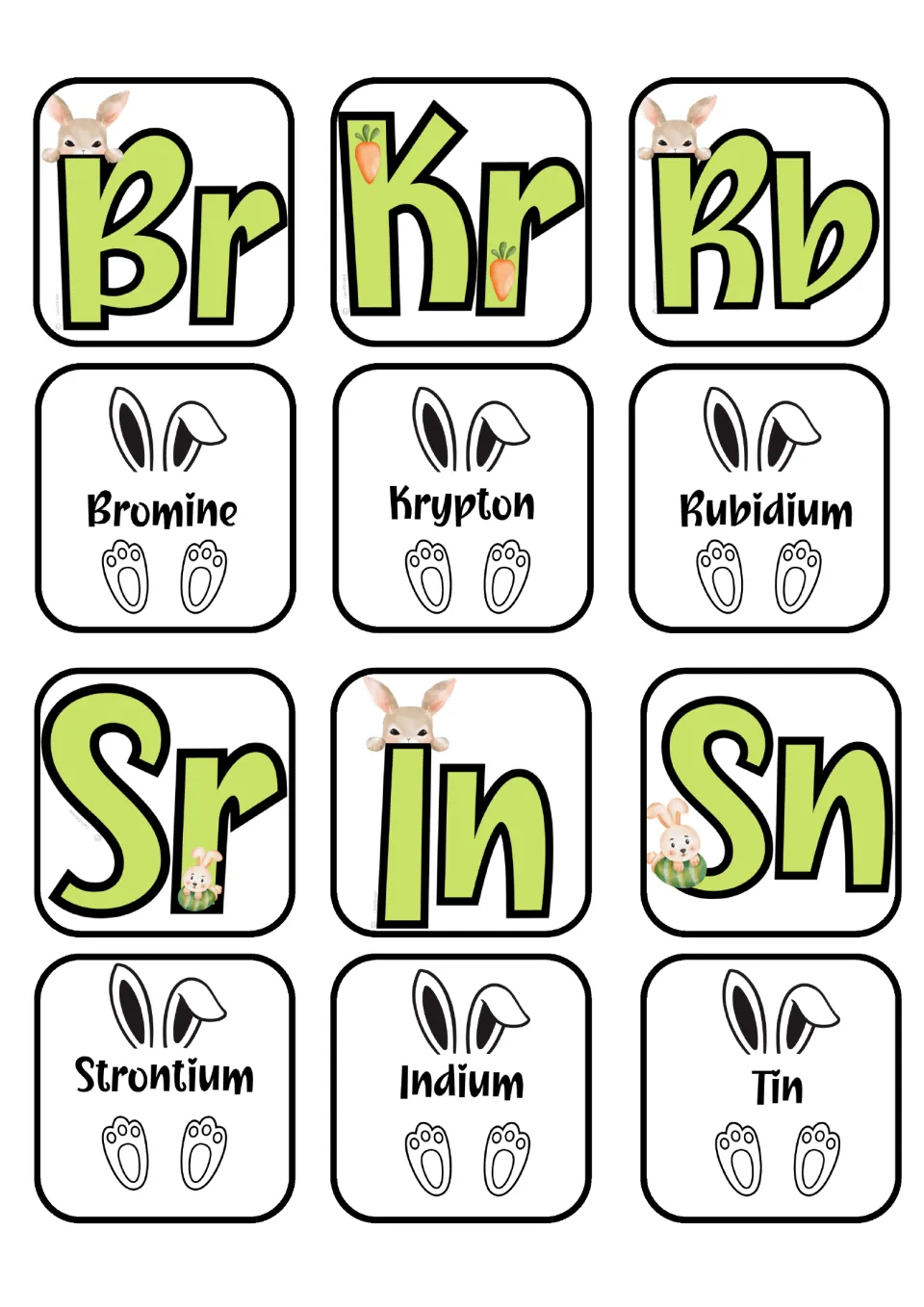 Element matching cards for bromine, krypton, rubidium, strontium, indium, and tin, with separate symbol cards