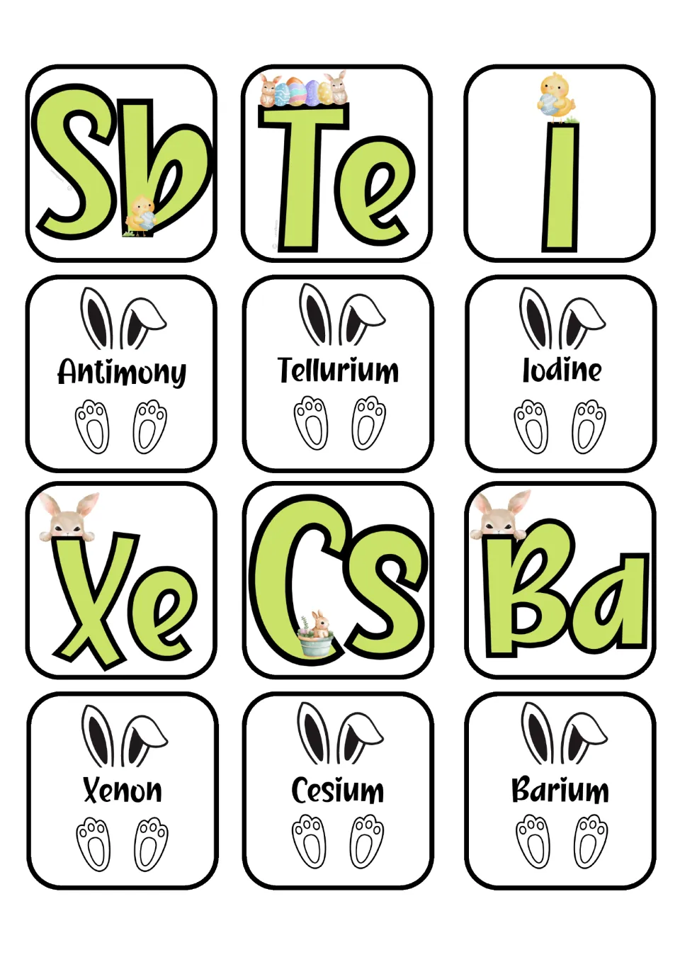Element matching cards for antimony, tellurium, iodine, xenon, cesium, and barium, with separate symbol cards