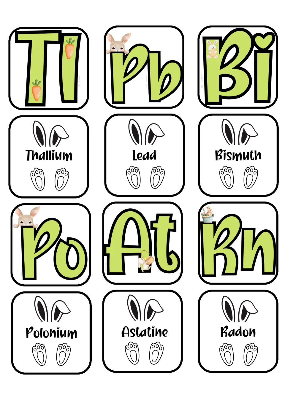 Element matching cards for thallium, lead, bismuth, polonium, astatine, and radon, with separate symbol cards