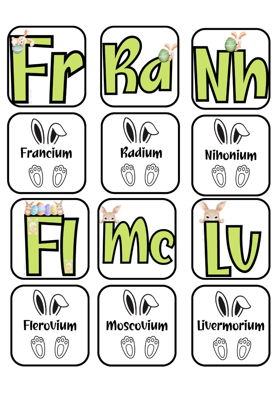 Element matching cards: francium, radium, nihonium, flerovium, moscovium, and livermorium, plus their symbols