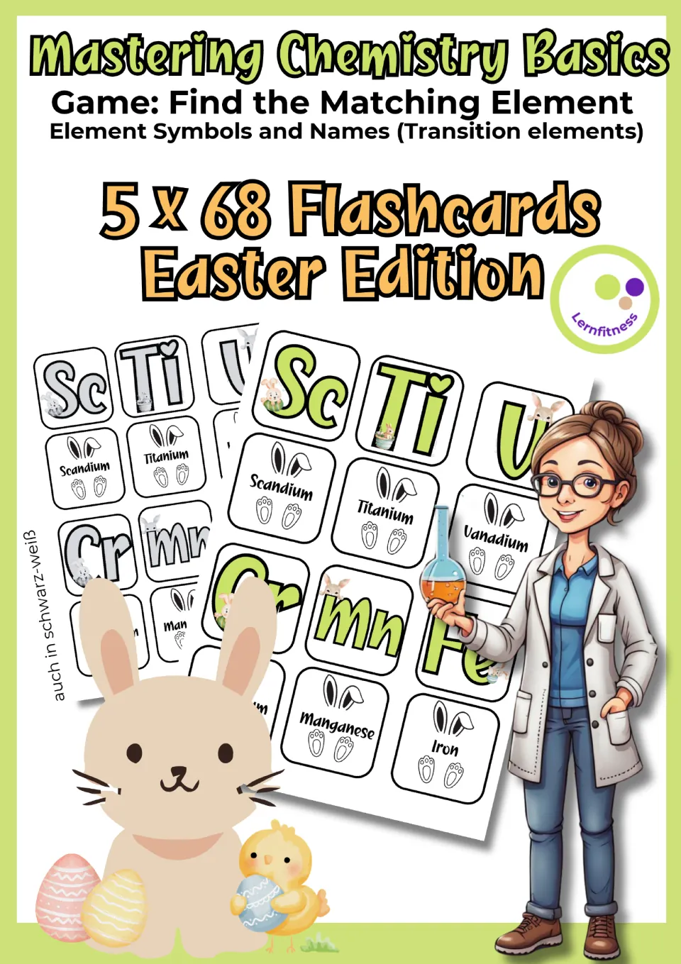 Cover of the Easter chemistry matching card resource, labeled “5 × 68 Flashcards” for element symbols and names