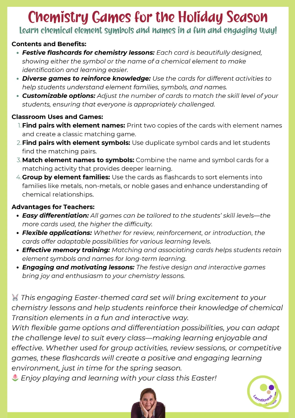Instructions for the chemistry cards: match names, match symbols, pair names with symbols, and sort by family