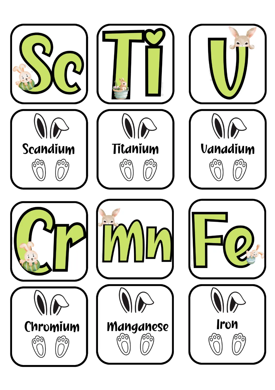 Element matching cards: Sc–Scandium, Ti–Titanium, V–Vanadium, Cr–Chromium, Mn–Manganese, and Fe–Iron