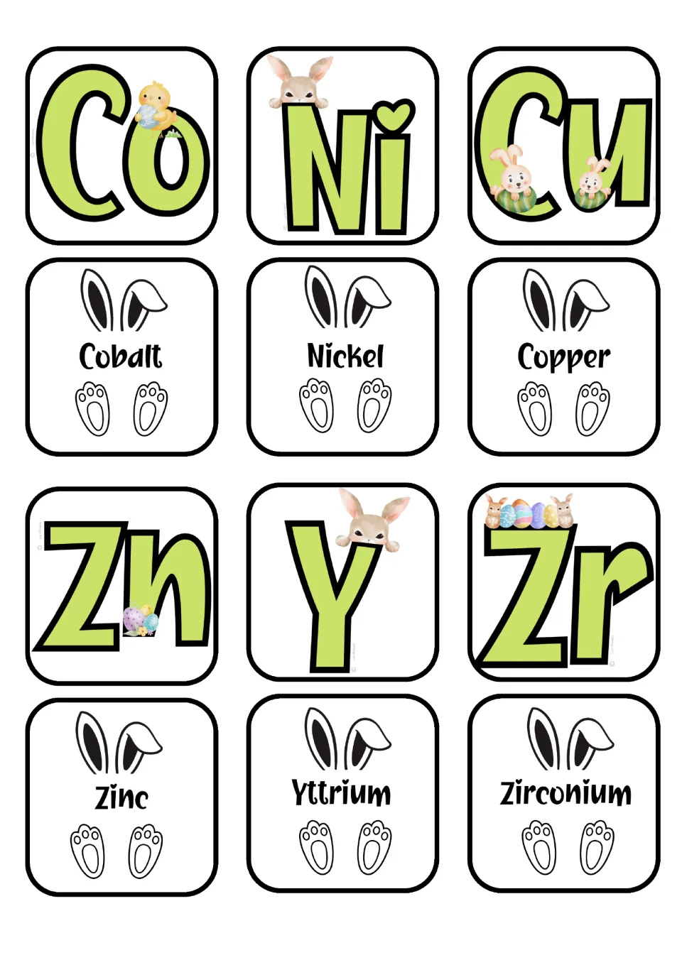 Element matching cards: Co–Cobalt, Ni–Nickel, Cu–Copper, Zn–Zinc, Y–Yttrium, and Zr–Zirconium