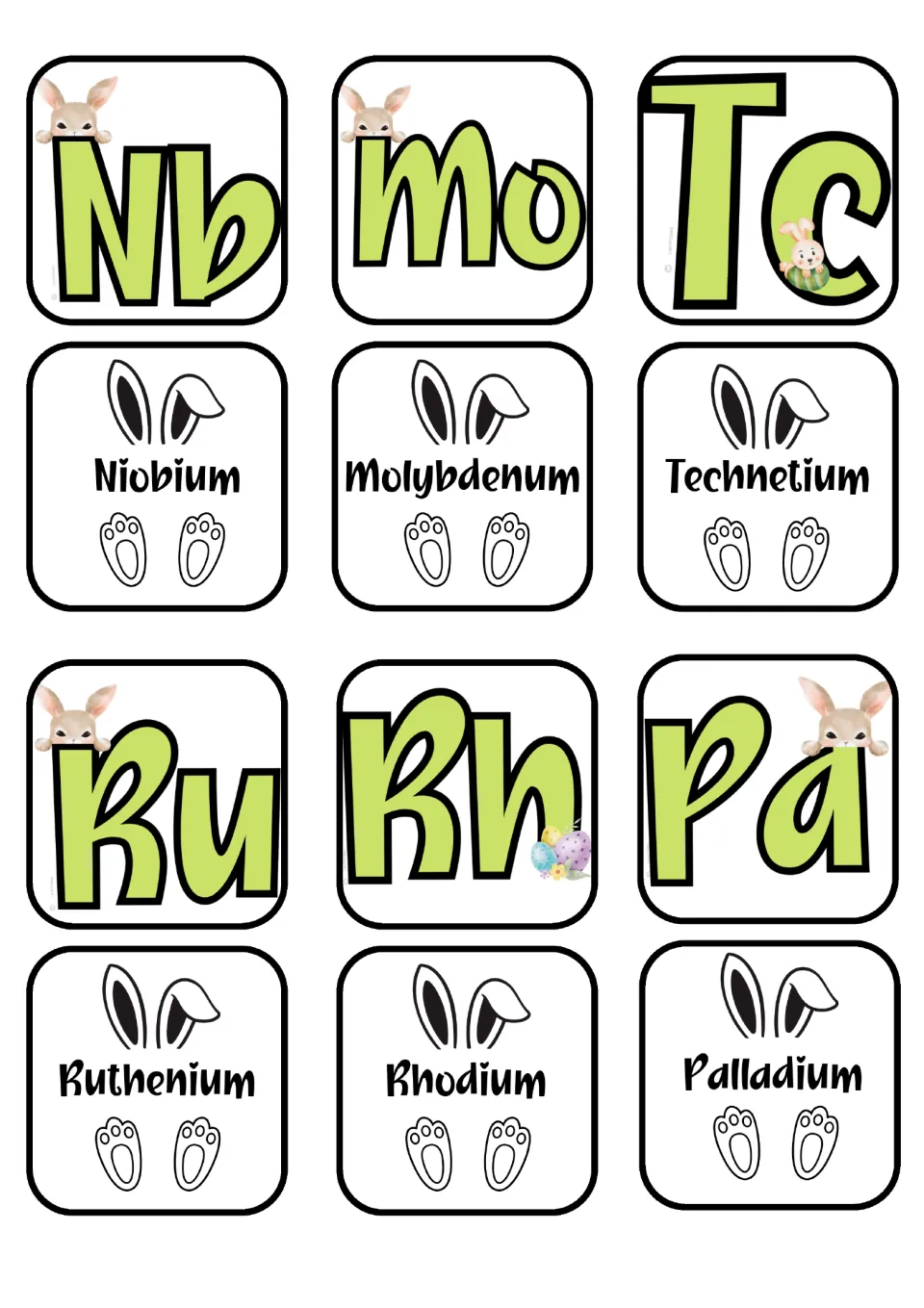 Element matching cards for Niobium, Molybdenum, Technetium, Ruthenium, Rhodium, and Palladium and their symbols