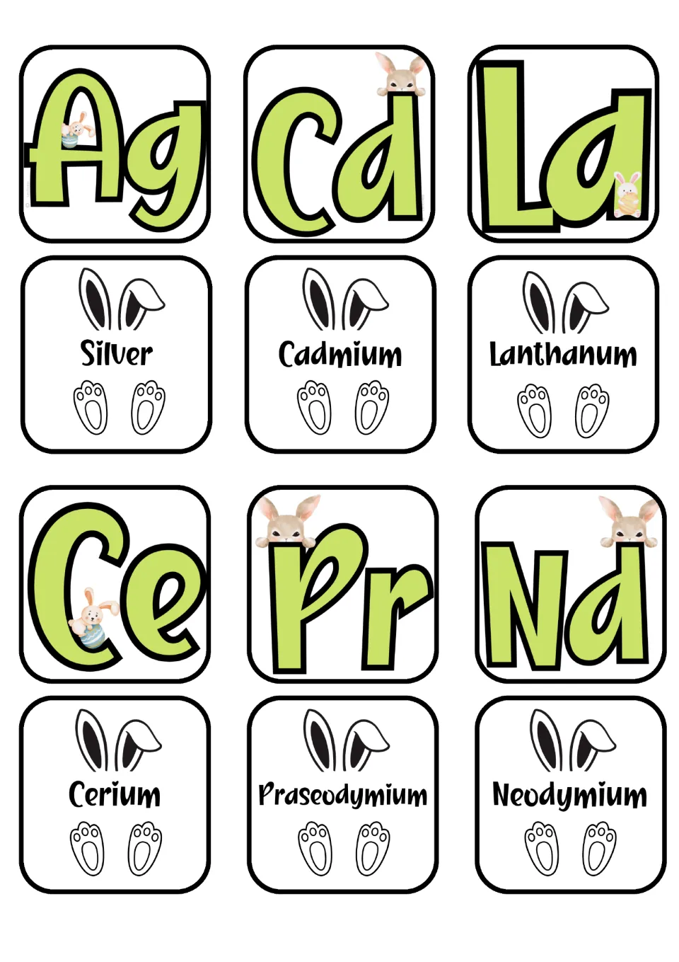 Element matching cards for Silver, Cadmium, Lanthanum, Cerium, Praseodymium, and Neodymium and their symbols