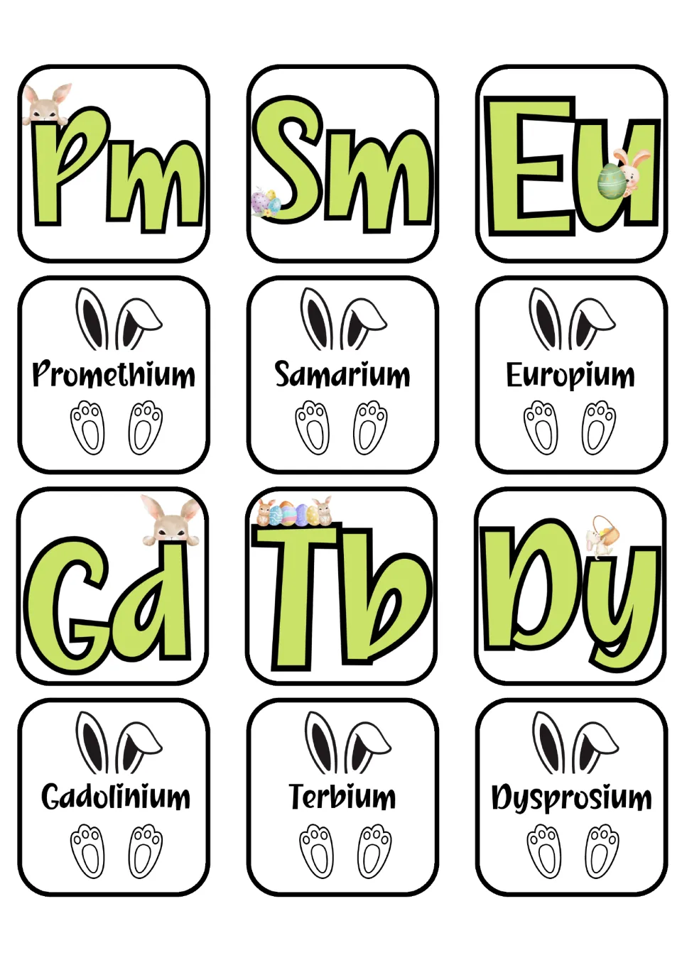 Element matching cards for Promethium, Samarium, Europium, Gadolinium, Terbium, and Dysprosium and their symbols