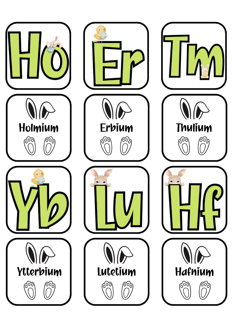 Element matching cards for Holmium, Erbium, Thulium, Ytterbium, Lutetium, and Hafnium and their symbols