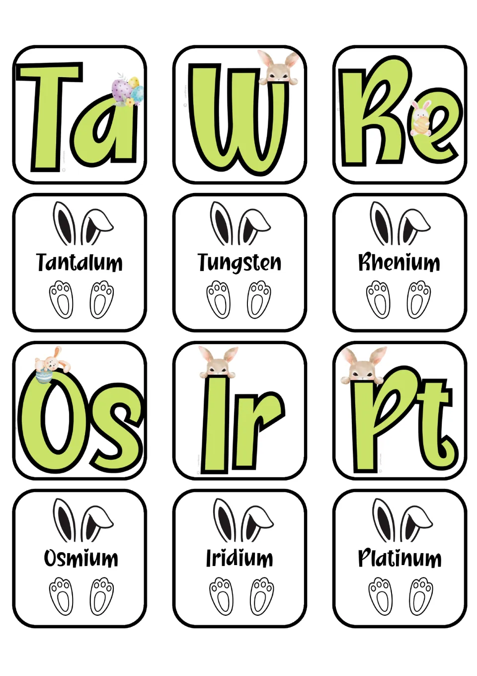 Element matching cards for Tantalum, Tungsten, Rhenium, Osmium, Iridium, and Platinum and their symbols
