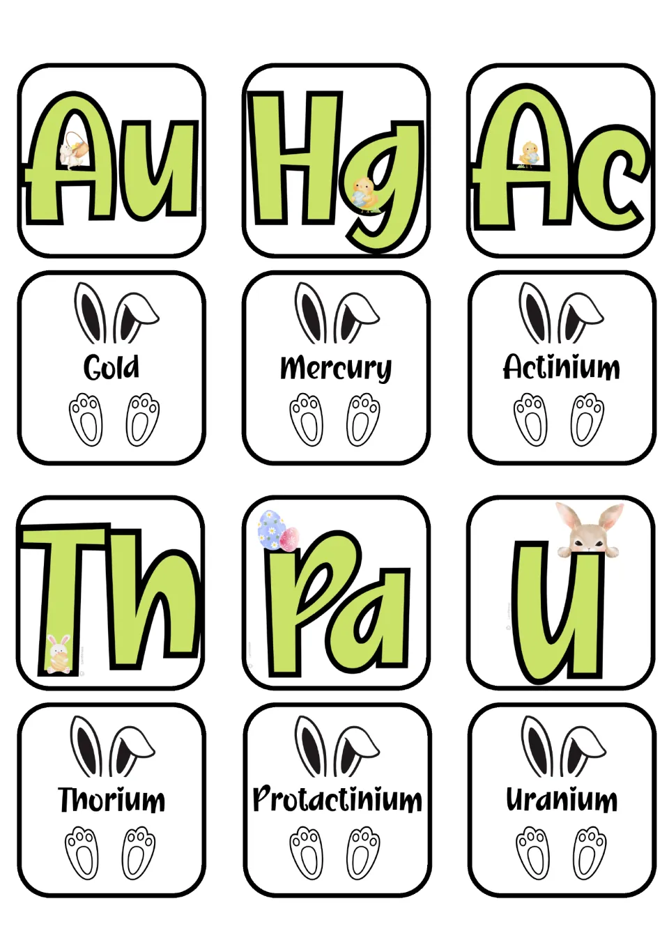 Element matching cards for Gold, Mercury, Actinium, Thorium, Protactinium, and Uranium and their symbols
