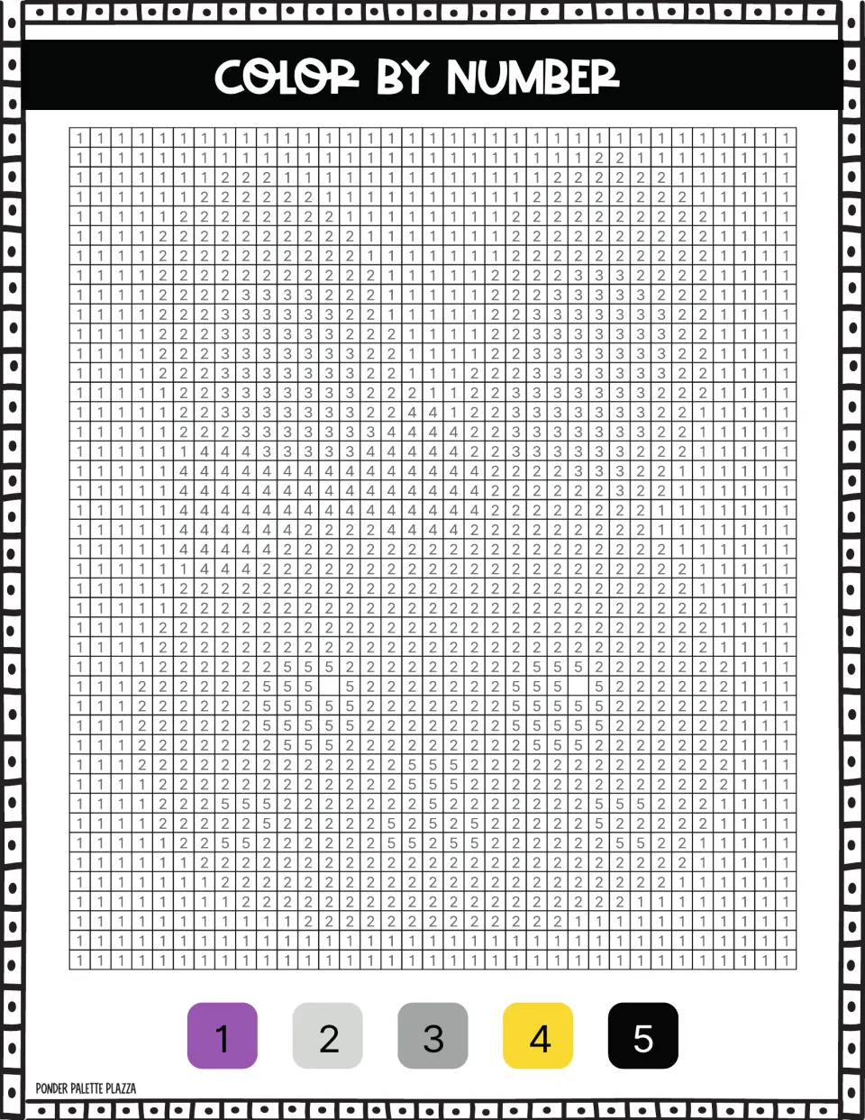 Easter bunny color-by-number activity using 1 purple, 2 light gray, 3 dark gray, 4 yellow, and 5 black.