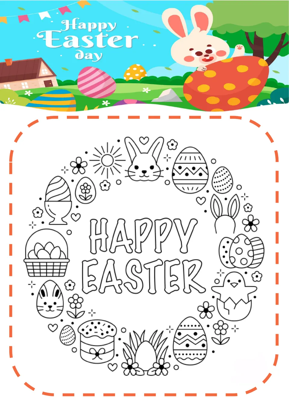 Easter coloring page 1: 'HAPPY EASTER' surrounded by decorated eggs, rabbits, flowers and a hatching chick