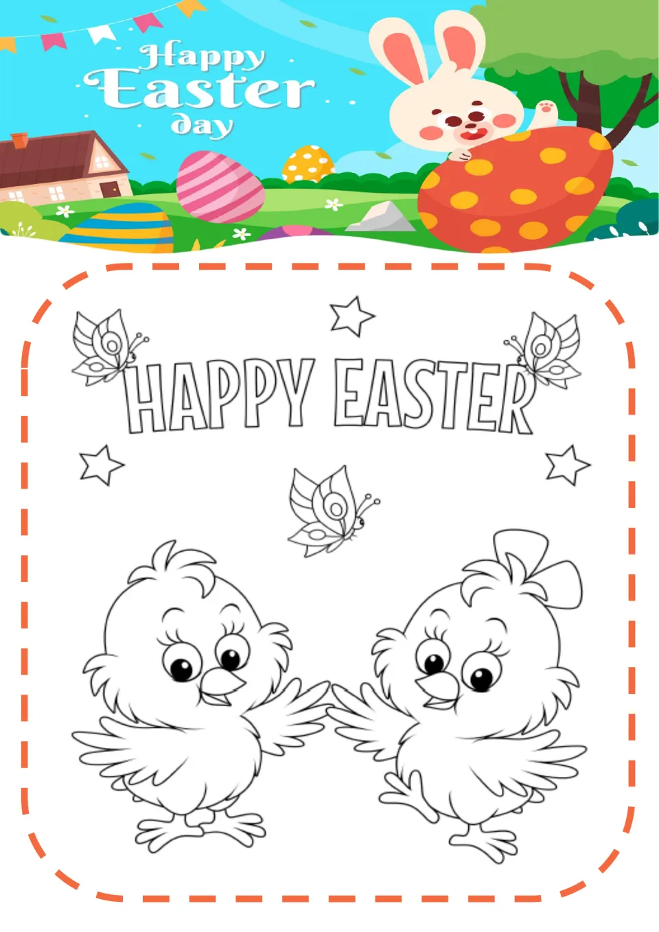 Easter coloring page 2: two chicks with outstretched wings beneath 'HAPPY EASTER', with three butterflies