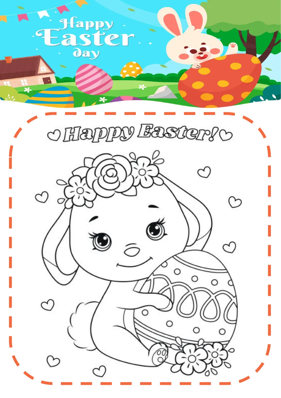 Easter coloring page 3: a bunny wearing a flower crown hugs a large patterned egg beneath 'Happy Easter!'