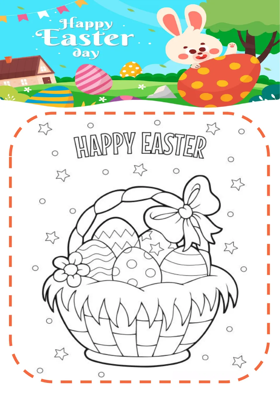Easter coloring page 4: 'HAPPY EASTER' above a basket of five patterned eggs, with a large bow and flower