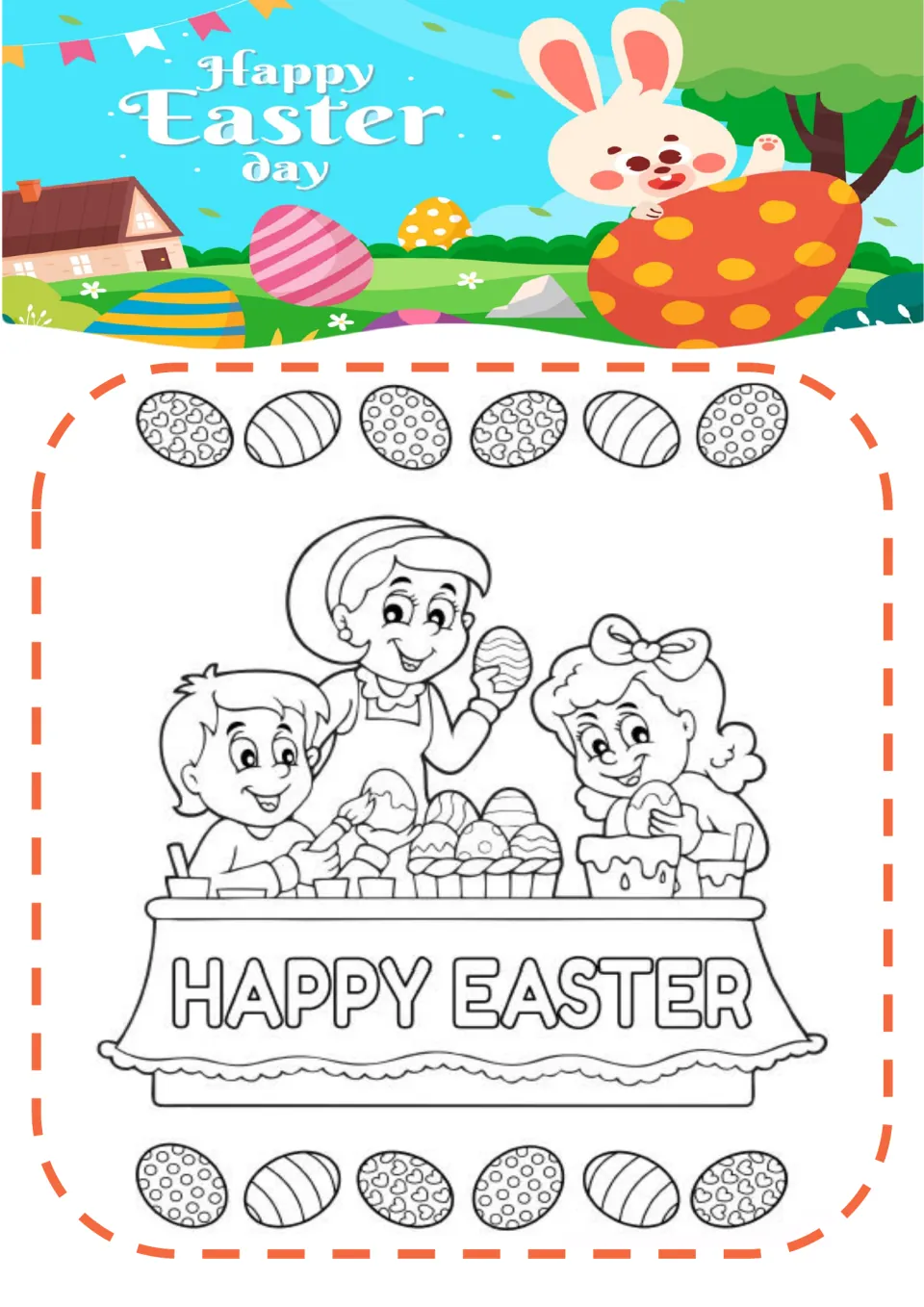 Easter coloring page 5: three children decorate eggs at a table labeled 'HAPPY EASTER', with paint supplies