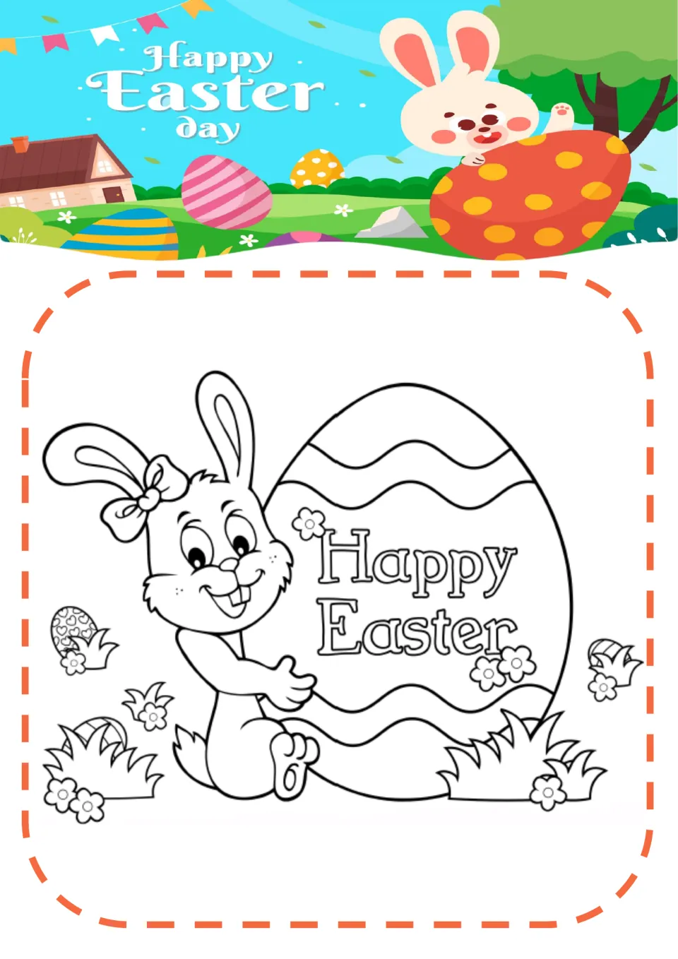 Easter coloring page 6: a bunny wearing a bow holds an oversized egg labeled 'Happy Easter' beside flowers
