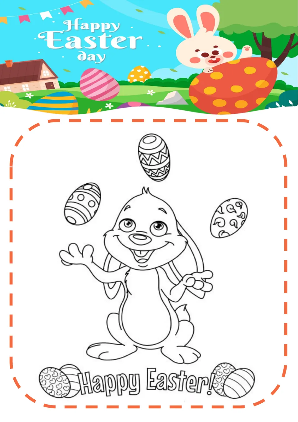 Easter coloring page 7: a smiling bunny juggles three patterned eggs above the greeting 'Happy Easter!'