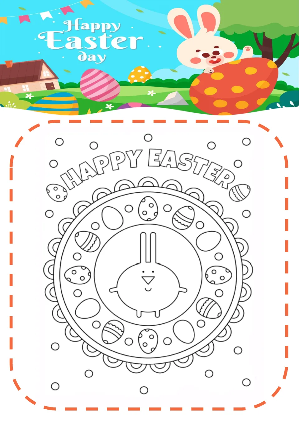 Easter coloring page 8: 'HAPPY EASTER' above a circular design of decorated and plain eggs around a bunny