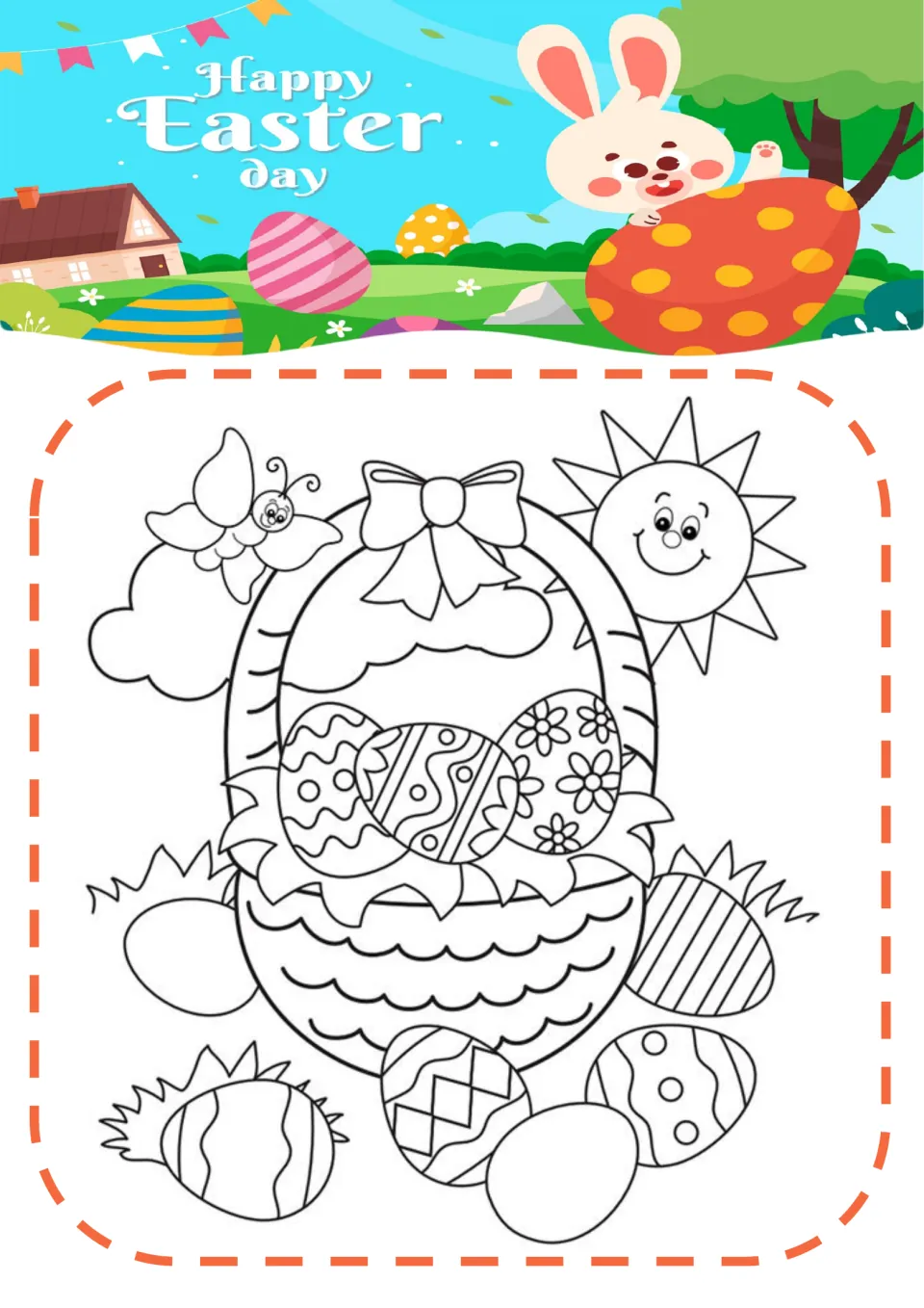 Easter coloring page 9: a bow-topped basket holds three decorated eggs, with more eggs, a butterfly and sun