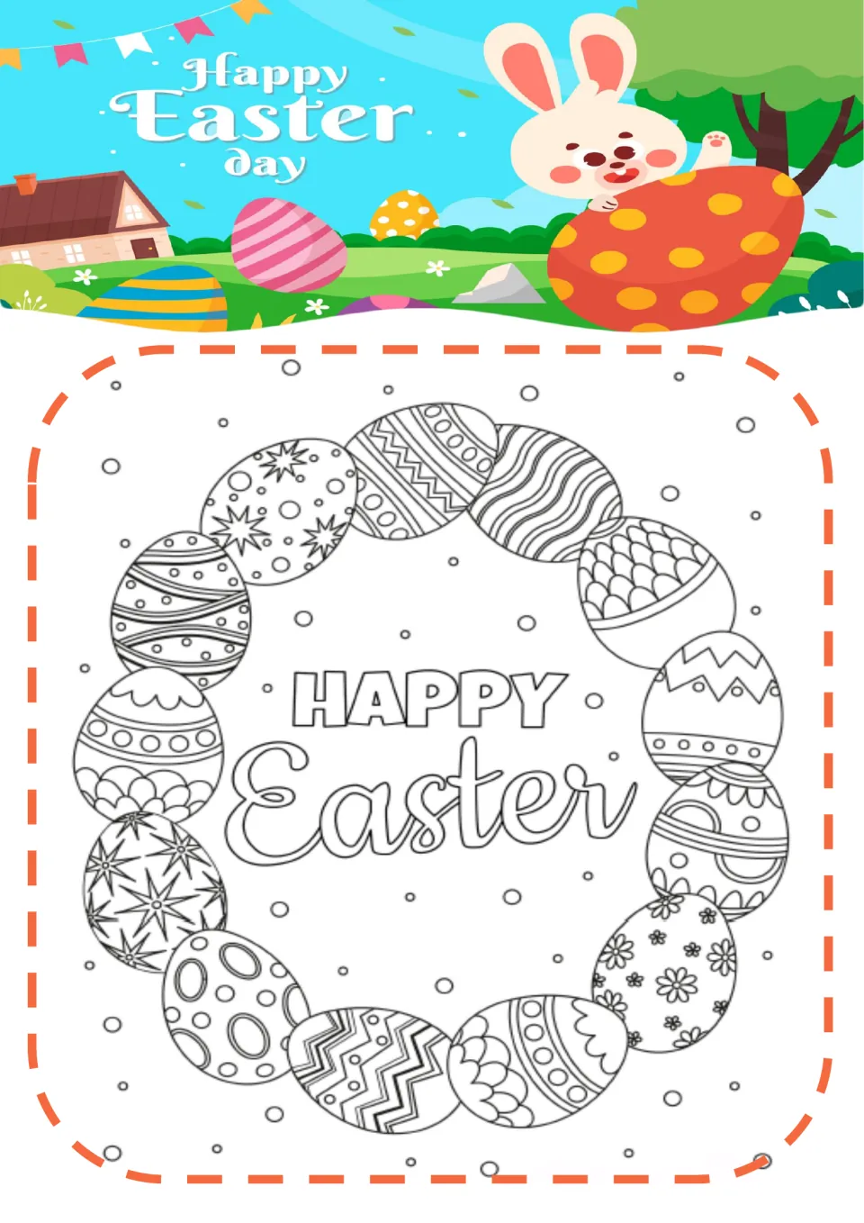 Easter coloring page 10: a wreath of patterned eggs surrounds 'HAPPY Easter', with floral and zigzag designs