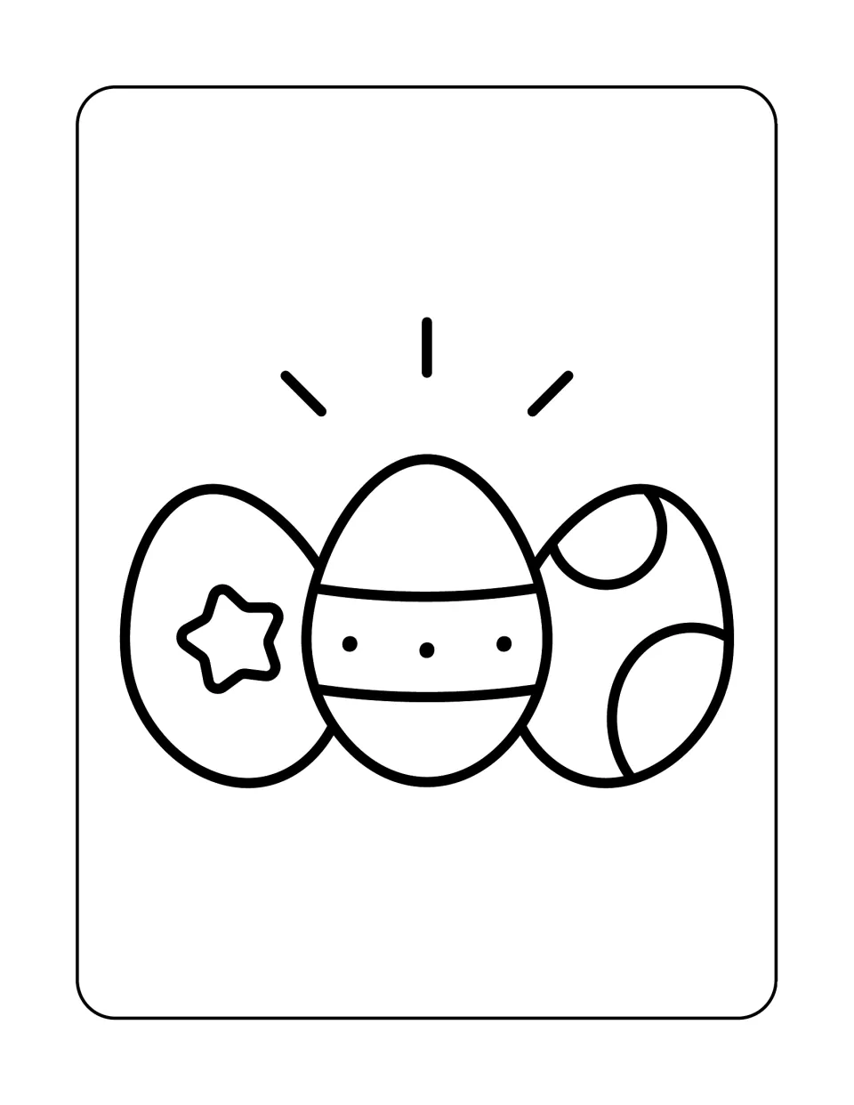 Easter coloring sheet featuring three eggs decorated with a star, a dotted band, and large curved shapes