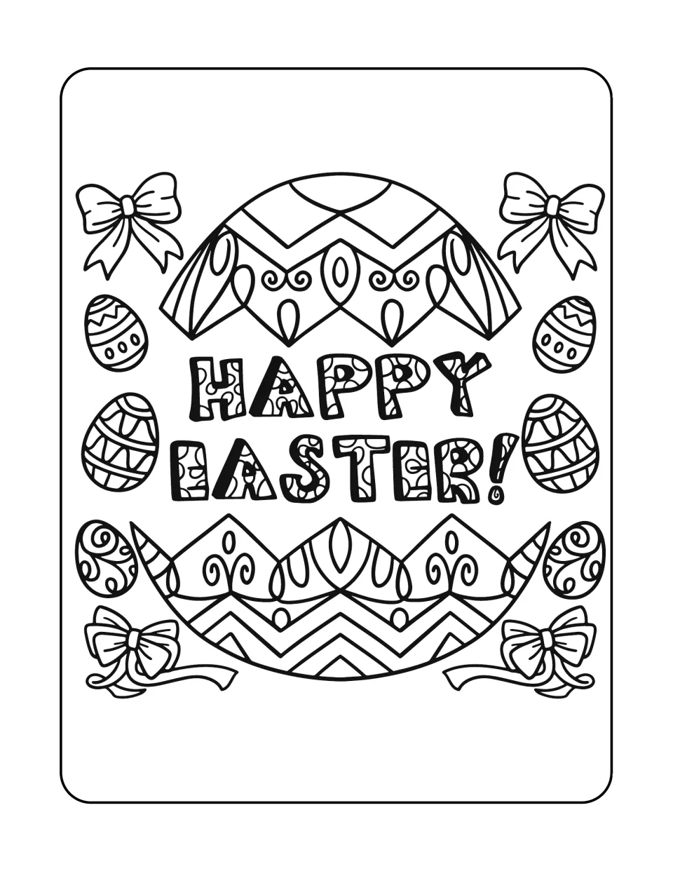 Easter coloring sheet with 'HAPPY EASTER!' between patterned eggshell halves, surrounded by eggs and bows