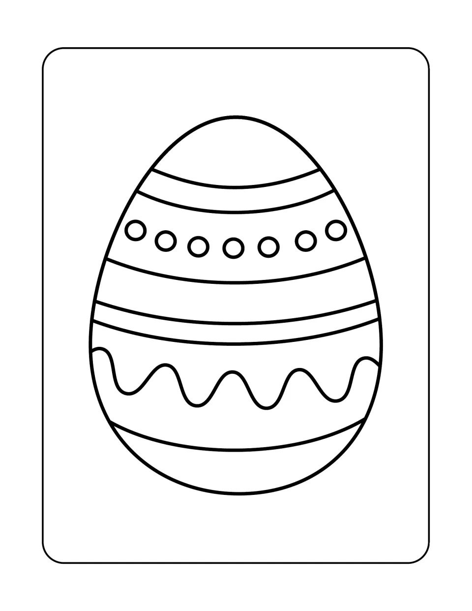 Easter egg coloring sheet featuring one large egg decorated with curved stripes, circles, and a wavy band