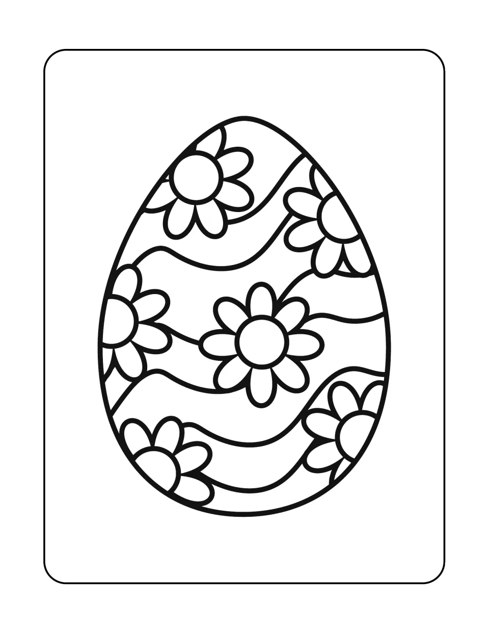 Easter egg coloring sheet featuring one large egg filled with six flowers and flowing wavy stripe patterns