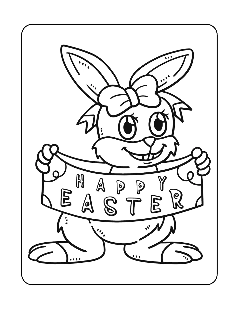 Easter bunny coloring sheet featuring a smiling rabbit wearing a bow and holding a 'HAPPY EASTER' banner