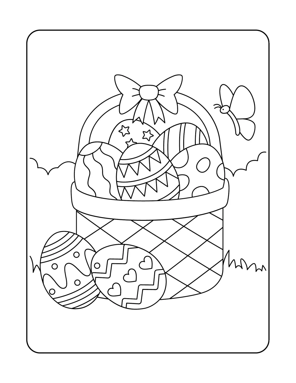 Easter basket coloring sheet featuring patterned eggs, a bow on the handle, and a butterfly flying nearby