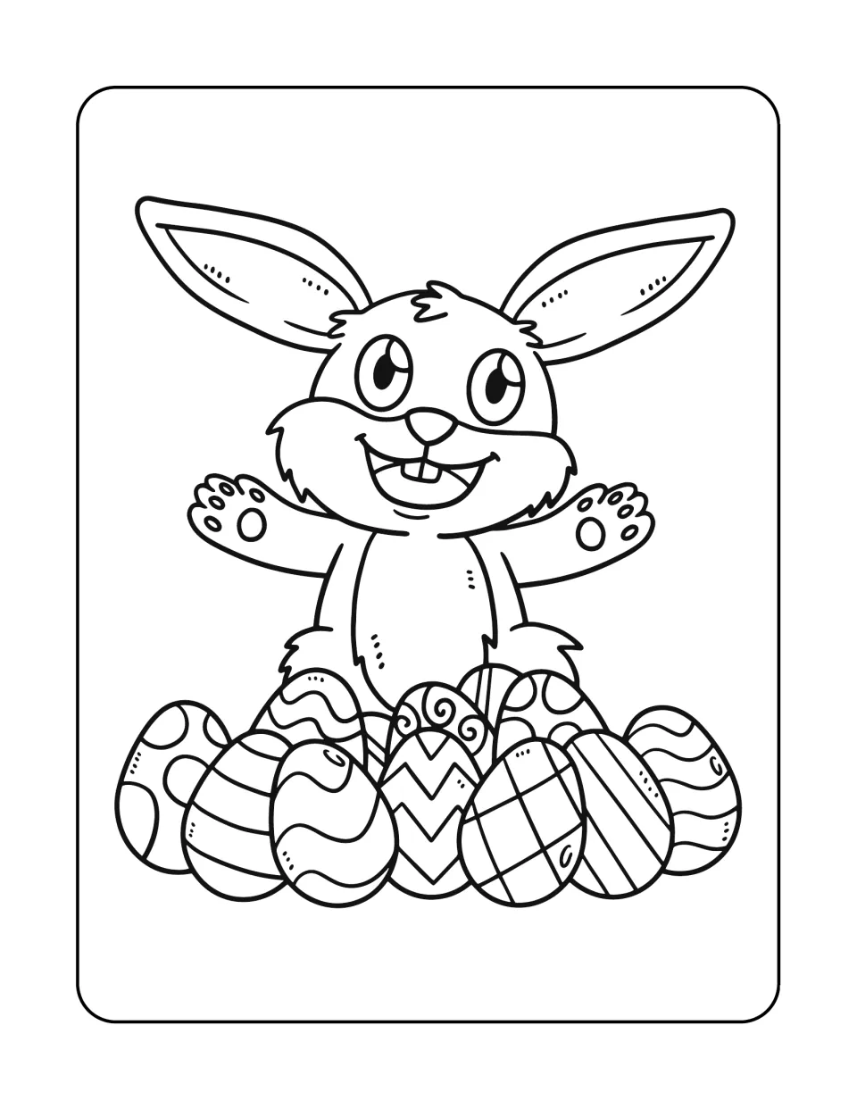 Easter bunny coloring sheet featuring a smiling rabbit with outstretched paws behind a pile of patterned eggs